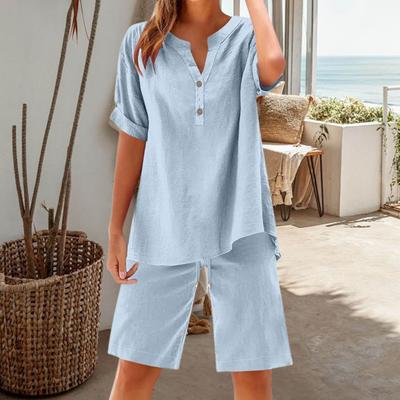 Cotton Linen 2 Piece Outfits for Women Short Sleeve V-Neck Top Wide Leg Shorts Set Summer Casual Loose Lounge Set
