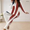 Women Plus Size Red White Blue Printed Half Zip Long Sleeve Long Top Fitted Pants Two Piece Set