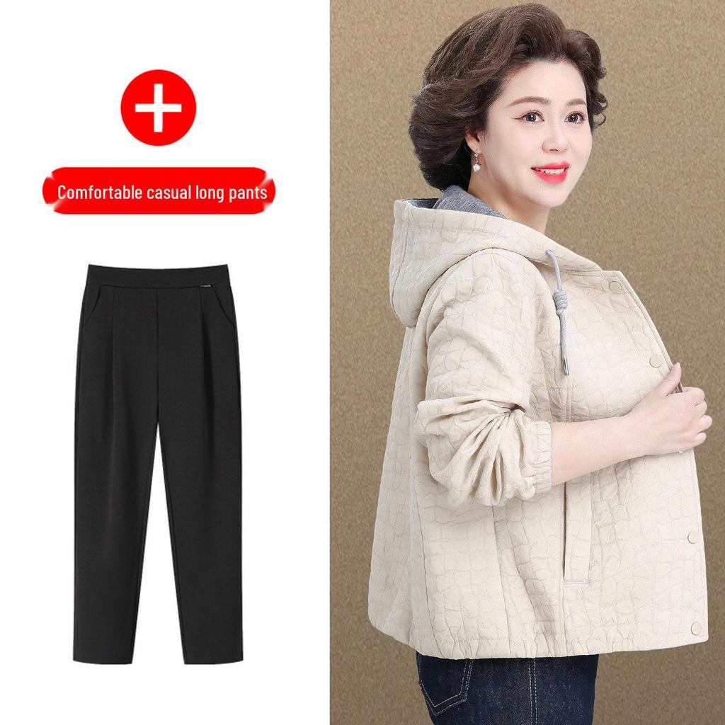 Spring Hooded Jacket & Wide-Leg Pants Set for Stylish Middle-Aged Women