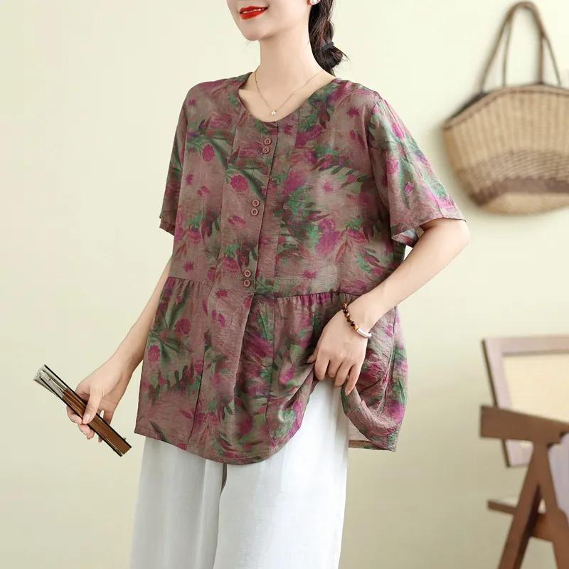 

Summer Women s Floral Print Peplum Blouse Loose Crew Neck Short Sleeve Casual Top XL фіолетовий