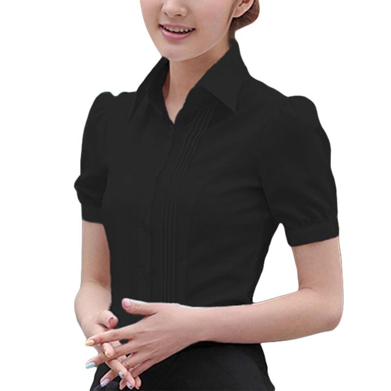 

Жіноча літня елегантна блузка з коротким рукавом і відкладним коміром, топи, сорочки, офісна блузка. L чорний