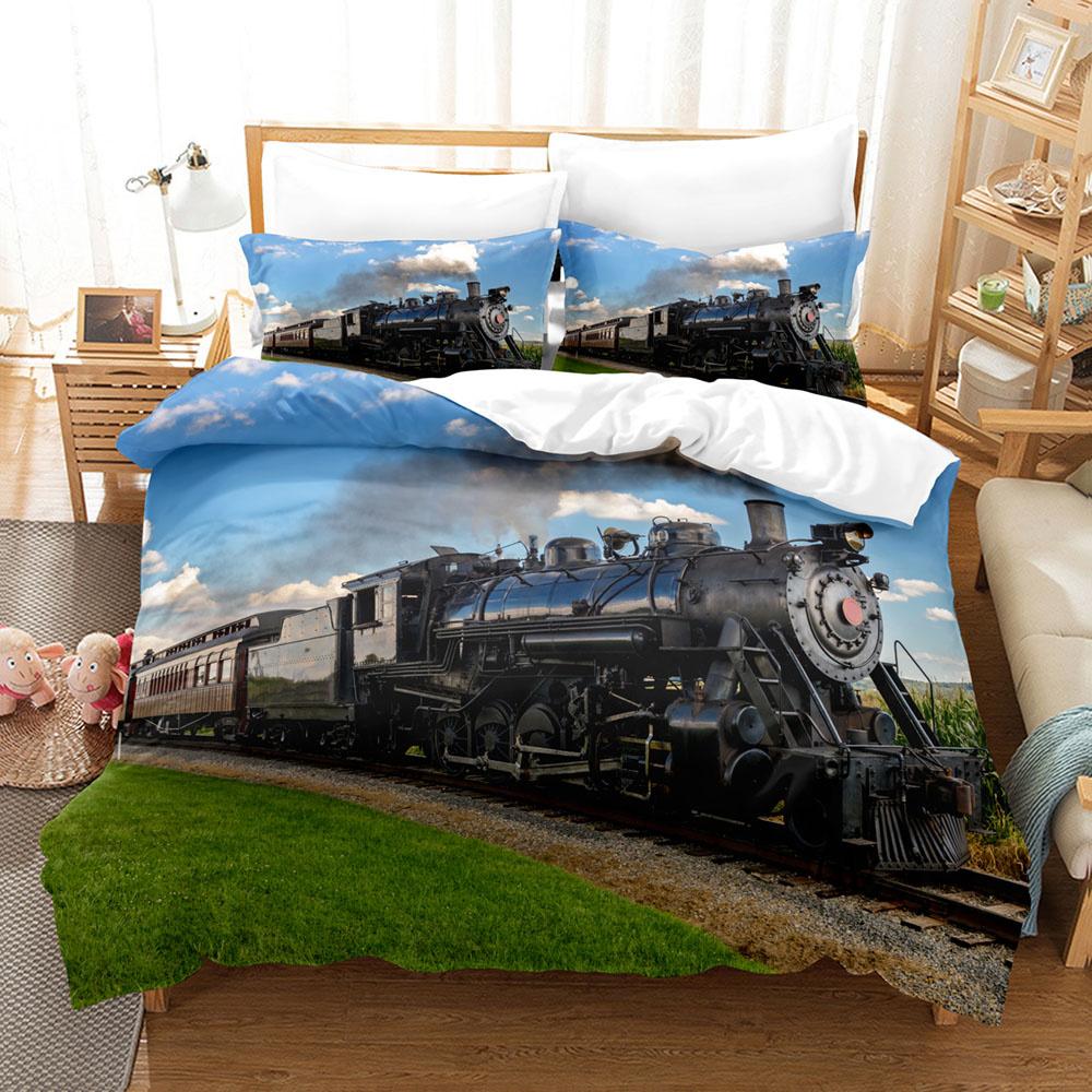 Steam Engine Duvet Cover Set Black Smoke Vintage Locomotive Train Picture King Queen Size For Kid Boy Girl Polyester Bedding Set