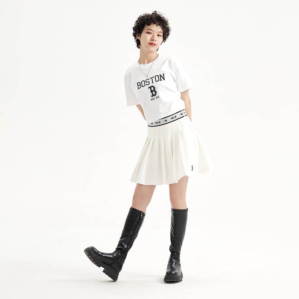 MLB Boston Red Sox Sports Lifestyle Embroidered Logo Trendy High-Waisted Pleated Casual Skirt Women skirts Ivory 3FSKB0133-43IVS