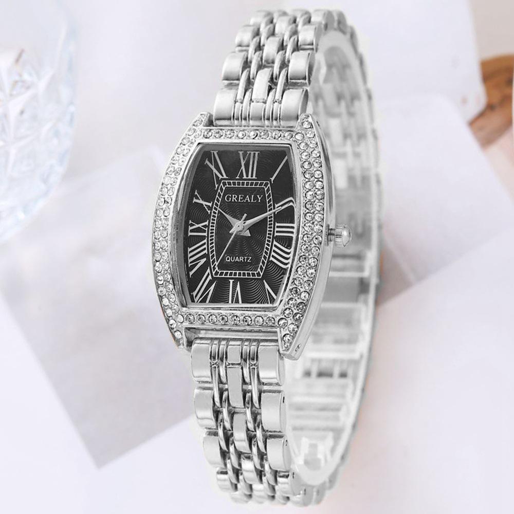 Luxus Damen-Armbanduhr mit Strass-Fass-Zifferblatt und römischen Ziffern - Modisch und lässig