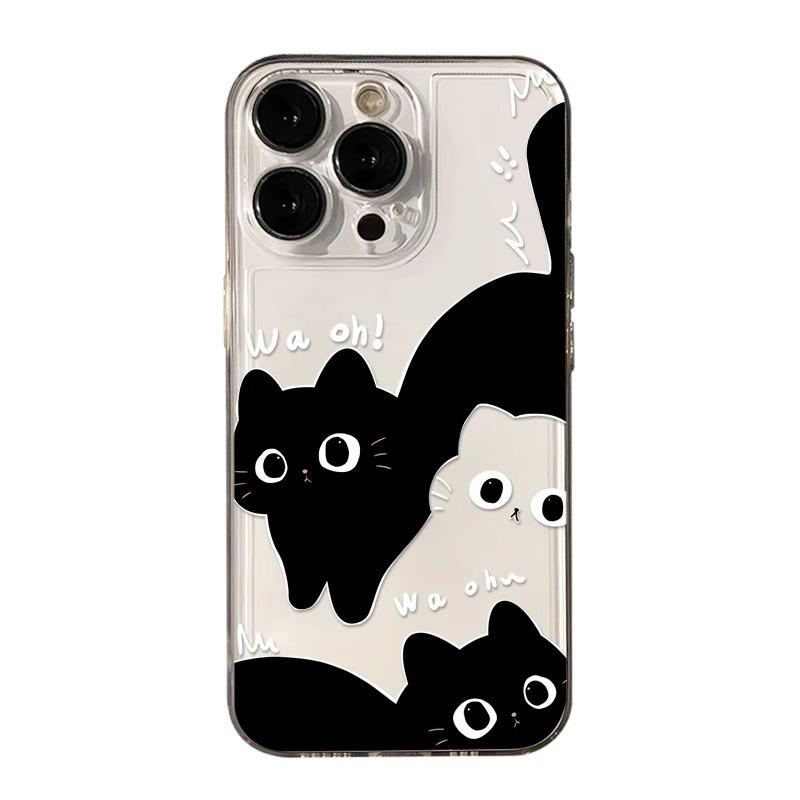 Cute Black White Cat Wa Oh Print Phone Case for iPhone 17 16 15 14 13 12 11 16E Series Pro Max Plus Double Layer Protection