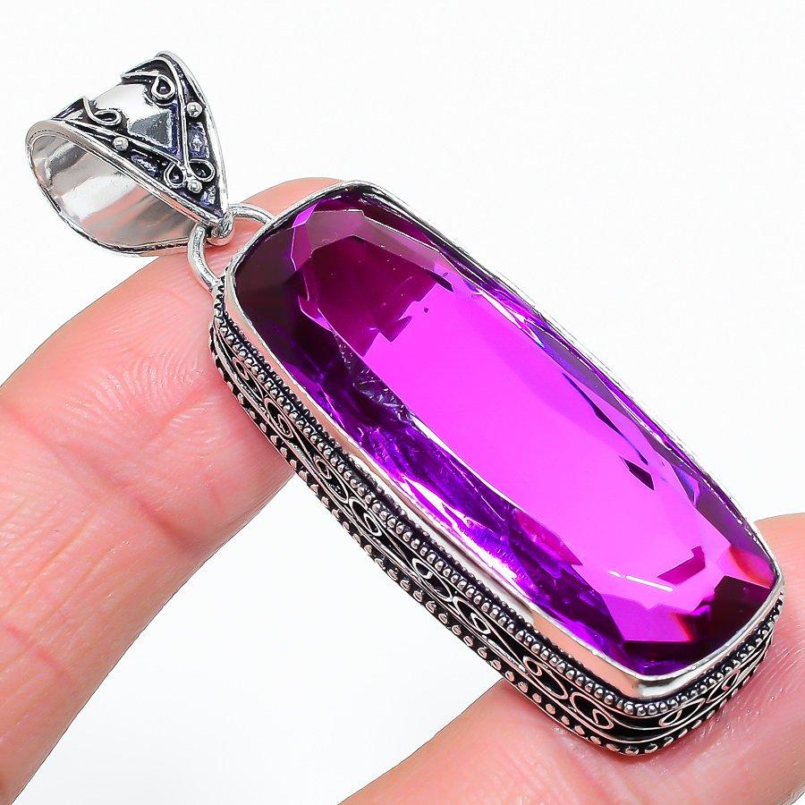 

Винтажный этнический ювелирный кулон ручной работы с розовым аметистом и драгоценным камнем 2,40 дюйма VR-1902