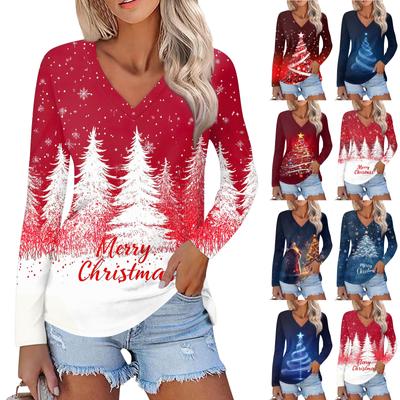 Damen Casual Fashion Sexy Bequemes Weihnachts-Print-Oberteil mit V-Ausschnitt und langen Ärmeln