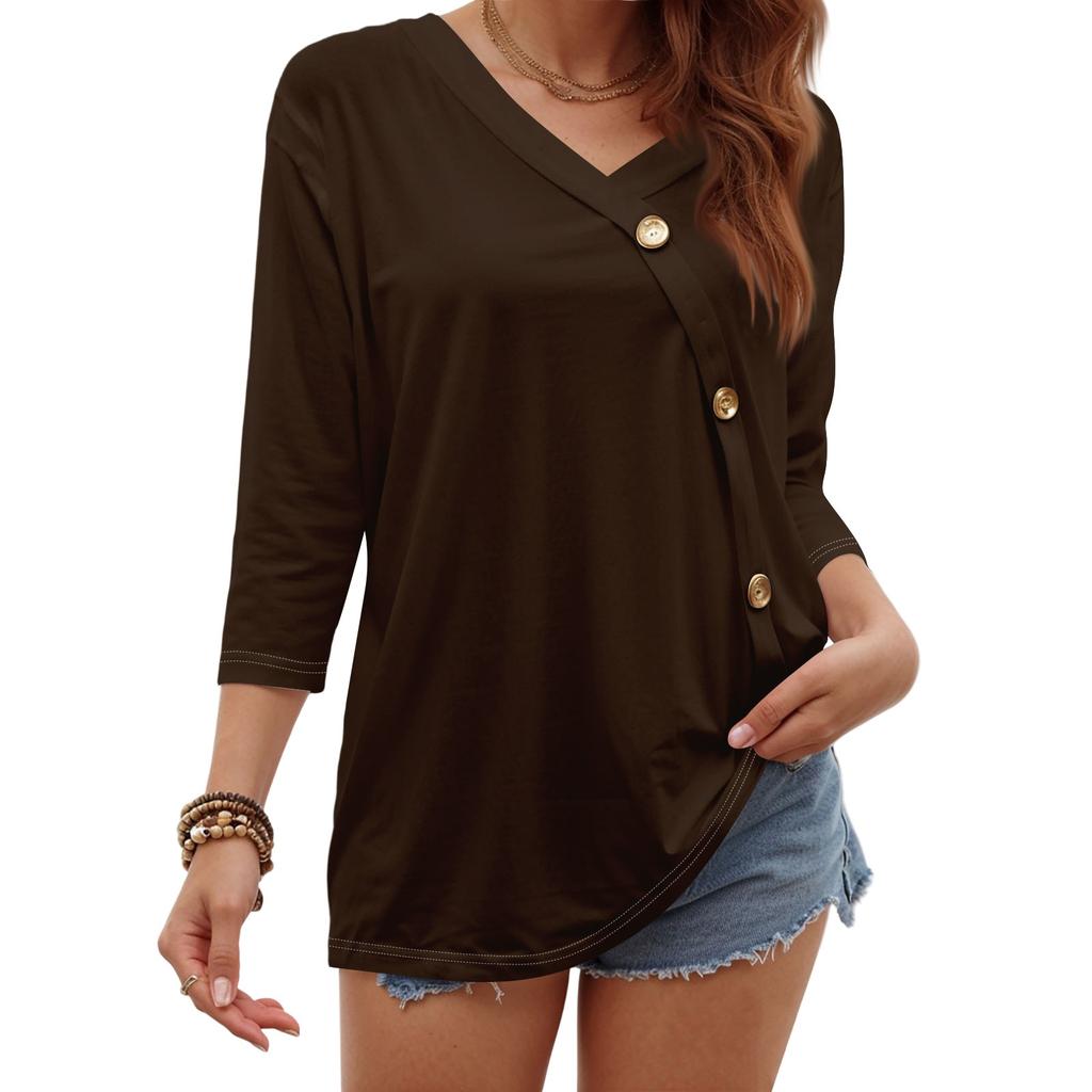 Women's Fashion Casual Three-quarter Sleeve Solid Color Button Round Neck Top