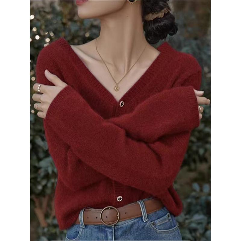 Autumn and winter new v-neck sweater cardigan women's coat lazy wind with loose soft waxy knitted sweater