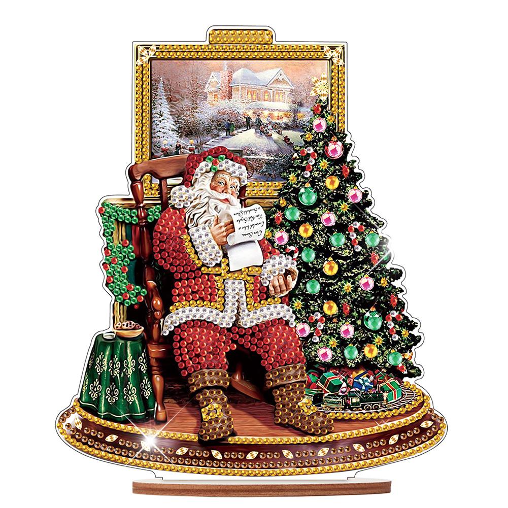 Wooden Santa Ornaments Kit Diamond Painting Desktop Diamonds Painting Desktop Decorations for Xmas Table Office Home Decoration