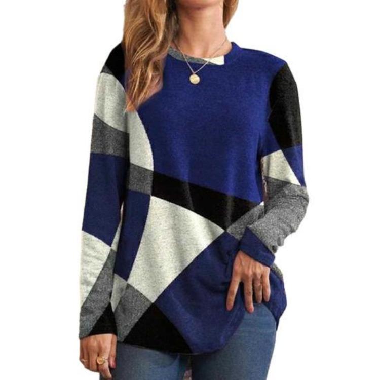 

Geometric Patchwork Color Blouse Women Casual Loose Fit Tunic Tops Long Sleeve Buttons Decor O Neck XL синий