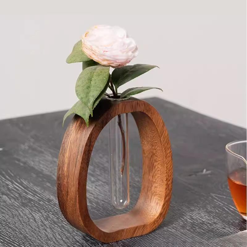 Solid Wood Transparent Glass Hydroponic Flower Vase, Walnut Small Flower Vase, Water-grown Fresh Flowers, Flower Arrangement