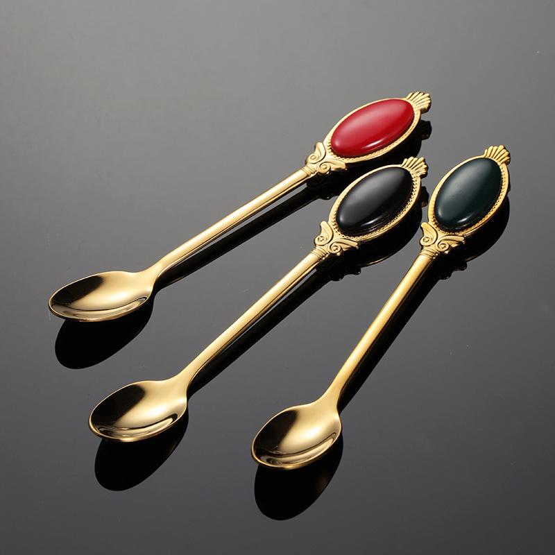 304 Stainless Steel Ceramic Bead Patch Coffee Spoon Gold Colorful Gift Spoon Small Dessert Spoon