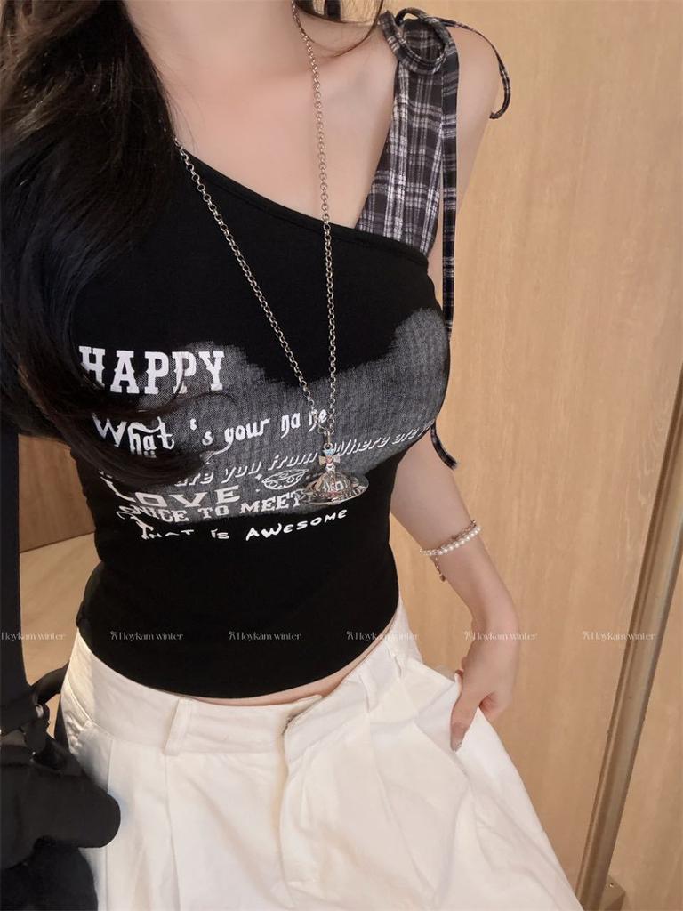#Summer New Sweet and Sexy Letter Printing Plaid Strap Sling Vest Integrated with Chest Pad