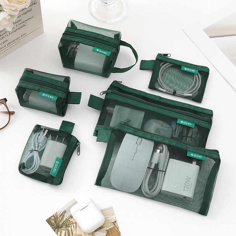 6Pcs/Set Transparent Mesh Storage Pouch Makeup Toiletry Bag Travel Organizer Cable Coin Key Earphone Charger Card Holder