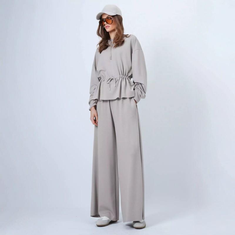 Womens 2026 Fall Casual 2-Piece Set Loose Hoodie Wide-Leg Pants With Drawstring Pure Color Streetwear Outfit