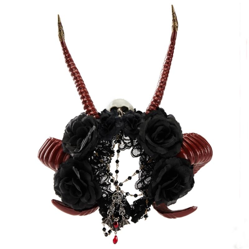 Horn Handmade Animal Gothic Headbands Dark Lace Hair Hoop for Live Shows