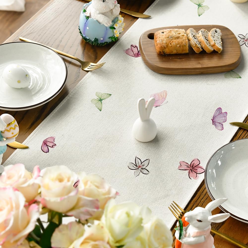 Artoid Mode Daisy Bunny Rabbit Easter Table Runner, Seasonal Spring Kitchen Dining Table Decoration for Home Party Decor 13x72 Inch