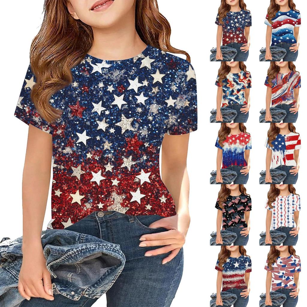 Girls Short Sleeve T Shirt Independence Day Print Kids Casual Tee Top Lightweight Breathable Soft Fabric Summer Shirt for Children