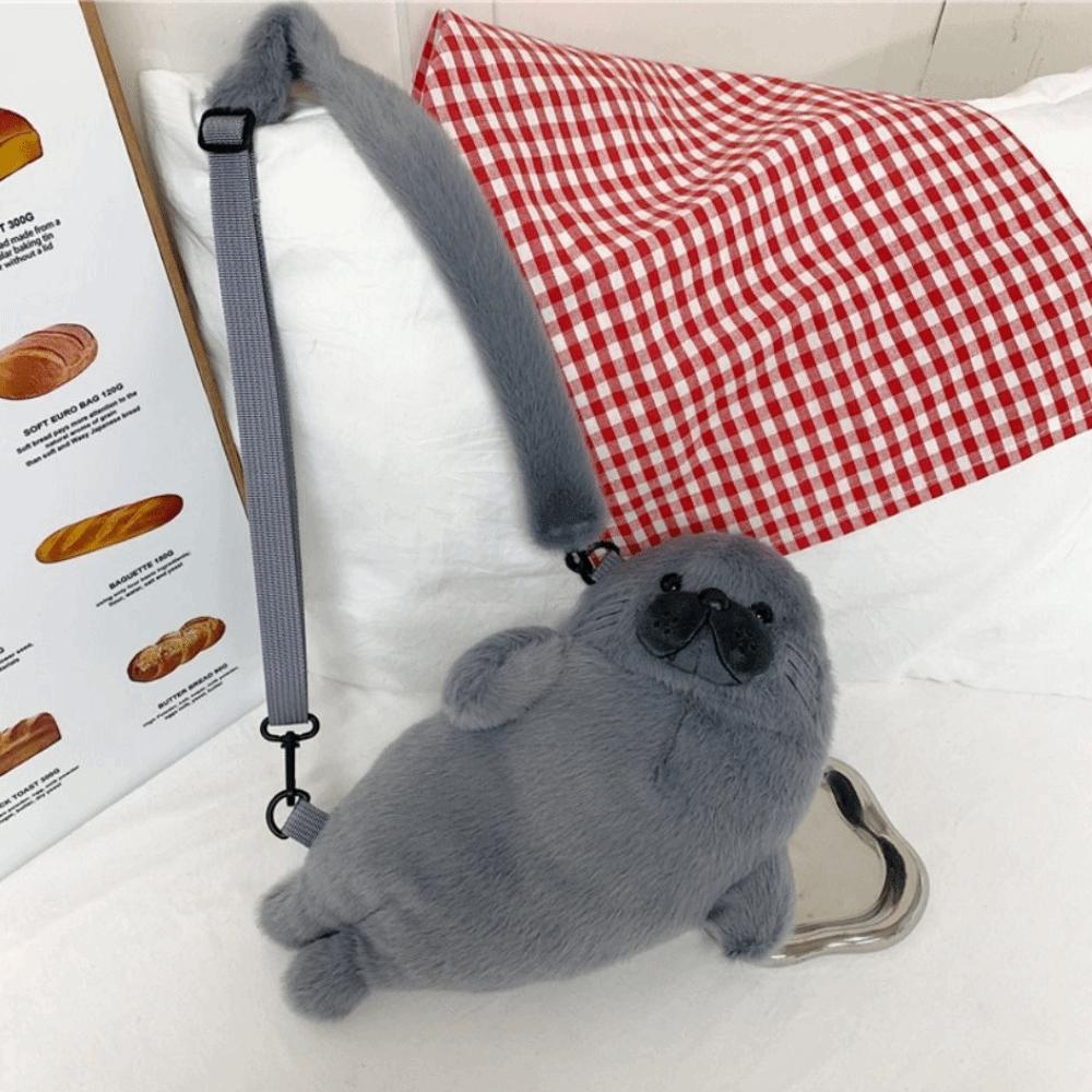 Soft Fluffy Cute Seal Shoulder Bag Lightweight Adjustable Straps Crossbody Bag Cartoon Fabric Handbag Women's Accessories
