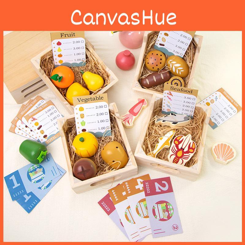 Simulation Wooden Boxed Fruit Bread Sea Food Vegetables Children Toys Set