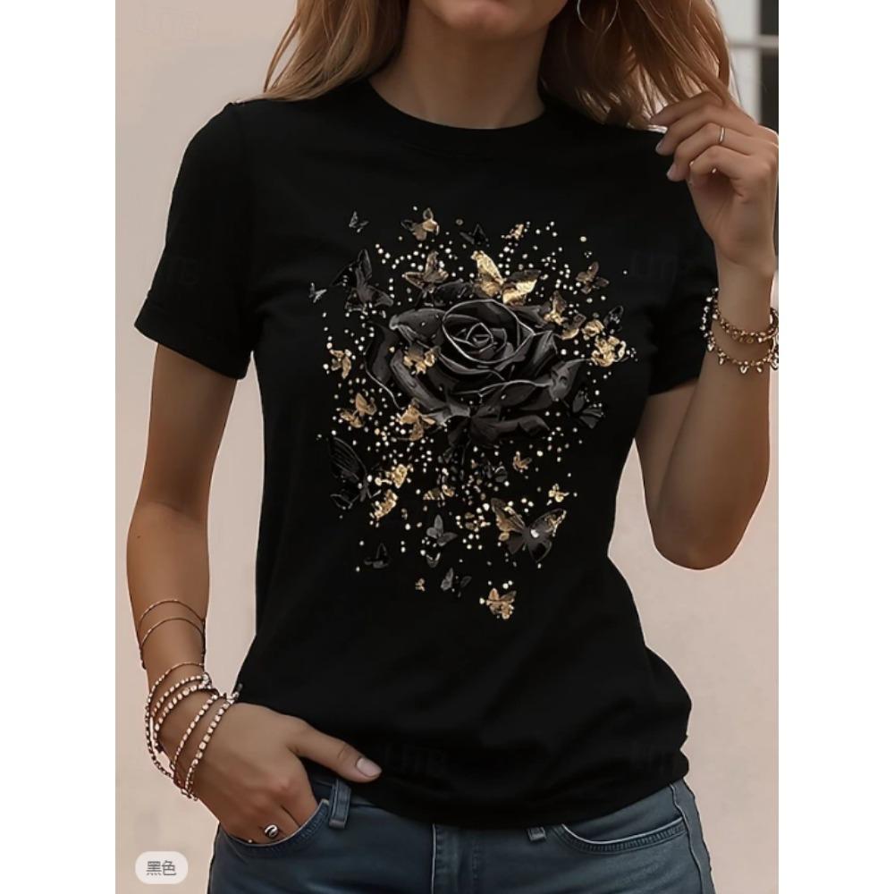 Mode Damen Retro Kreatives Muster Rosen Print T-Shirt Lustig Lässig Rundhalsausschnitt Kurze Ärmel T-Shirt Sommer Damen T-Shirt
