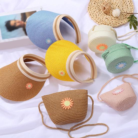 Children Shoulder Bag Straw Woven Flower Decor Pastoral Style Crossbody Bag Zipper Closure Adjustable Strap Sling Bag for Daily Party Work Dating