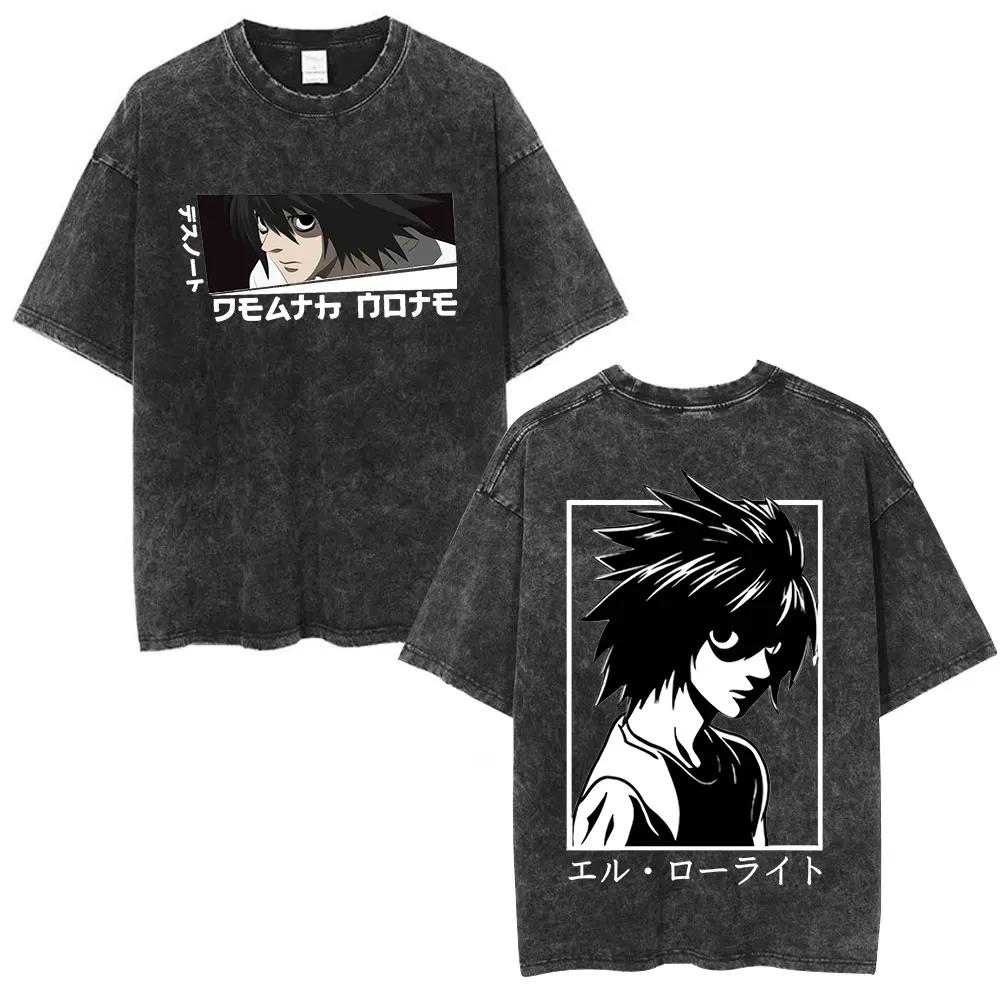 Washed Vintage Anime Death Note Ryuk Double Sided Print T Shirts Men Women Fashion Cartoon Street Oversized Crewneck Tshirts