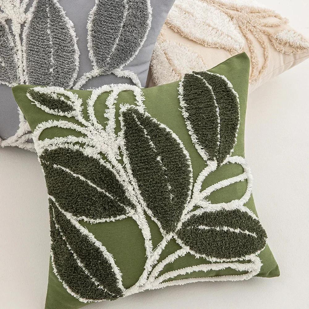 Green Leaf Square Pillowcase Soft Tufting Pillow Cover Sofa Decor Cushion Cover Living Room Nordic Decoration Rectangle Cover