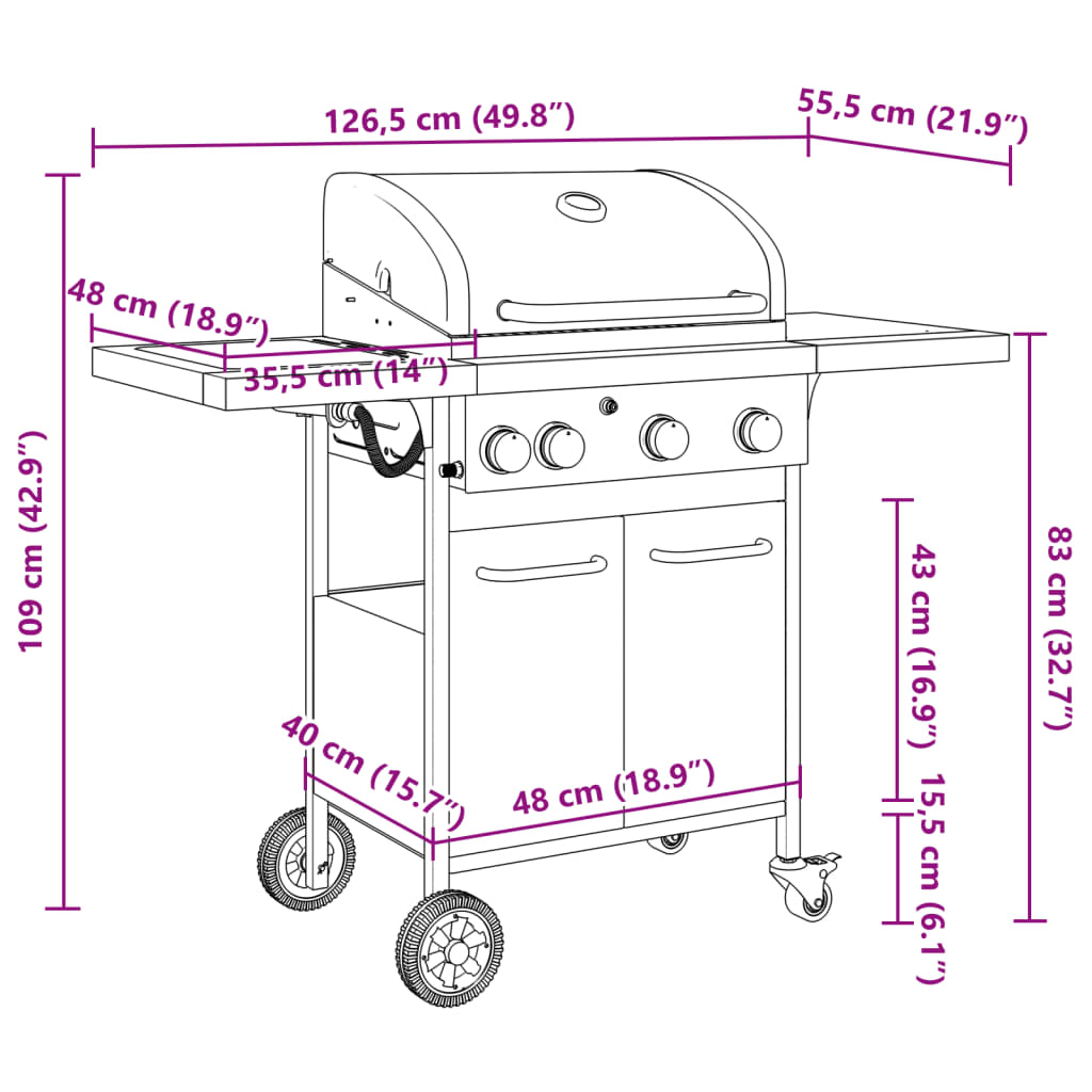 4 Burner Gas Grill in Black Powder Coated Steel