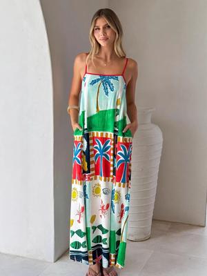 2026 Casual Holiday Printed Linen Slip Dress