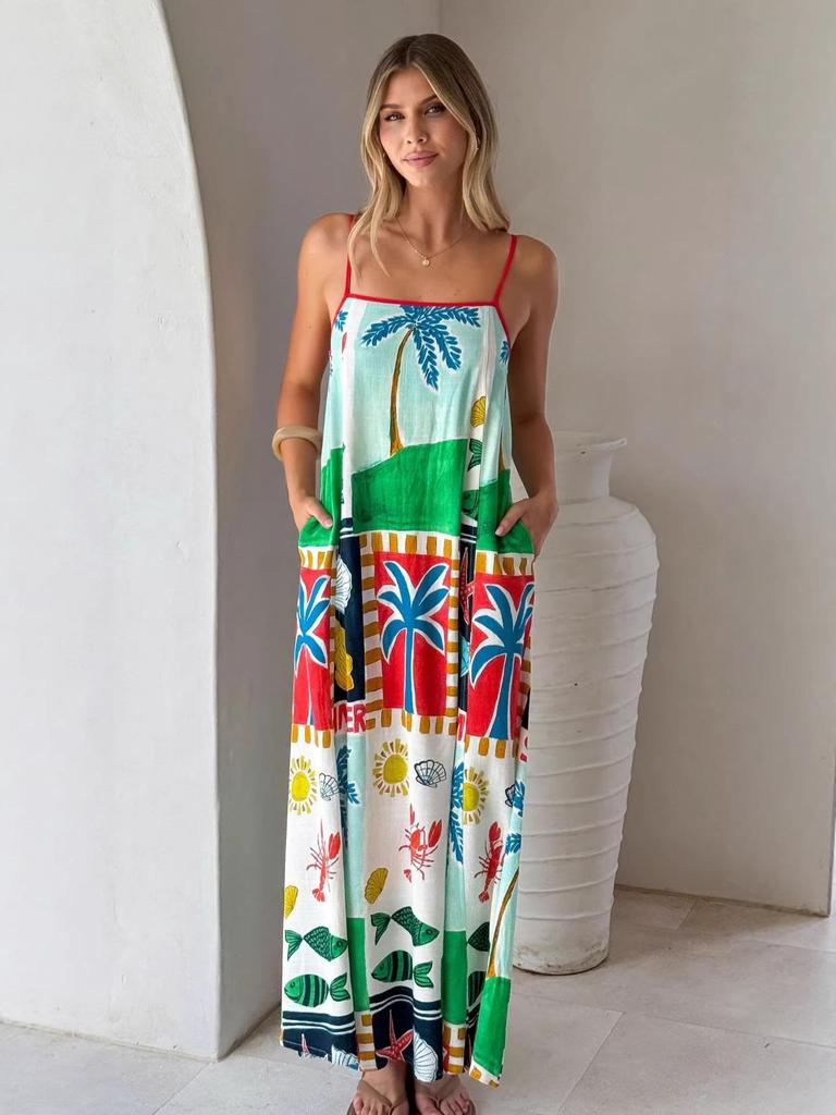 2026 Casual Holiday Printed Linen Slip Dress