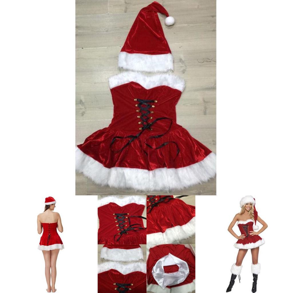 Elegant Red Velvet Sexy Women Christmas Fancy Dress Santa Claus Costume Outfit Hat