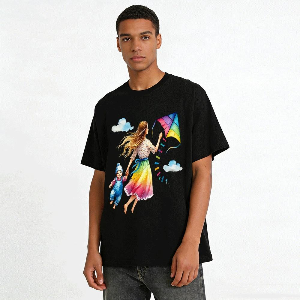 Watercolor Print Mom And Kid Flying Kite Casual Top Pure cotton T-shirt
