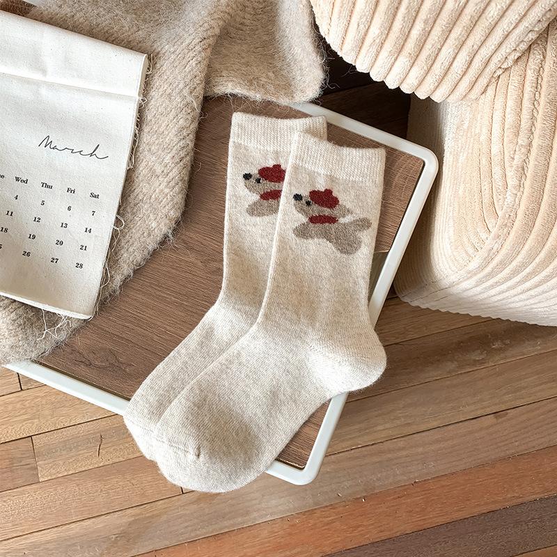 Verdickte Warme Wollsocken für Damen Cartoon Niedlich Schal Welpe Mittellange Socken Vielseitige Stapelsocken Weich Wachsig