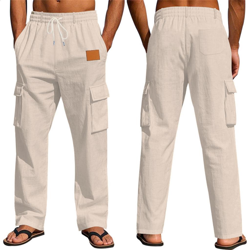 Pantaloni Casual Estivi da Uomo in Cotone e Lino - Gamba Dritta - Monocolore