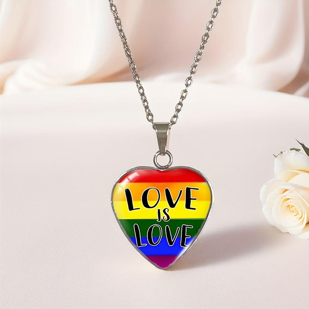 Rainbow Stripe Pattern Heart-shaped Time Gemstone Stainless Steel Pendant Necklace Fashionable Jewelry Birthday Party Gift