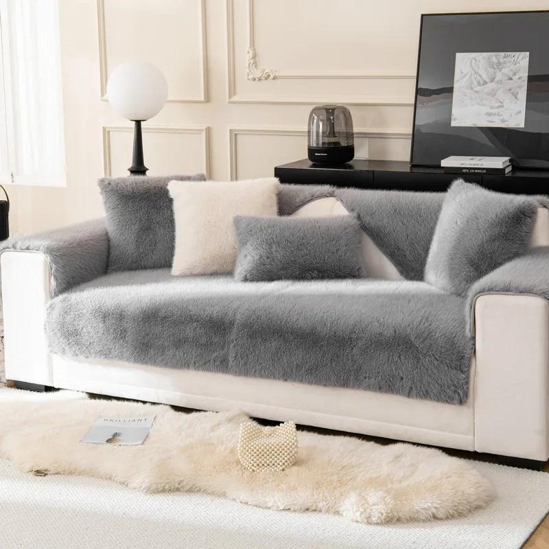 Thicken Plush Sofa Cushion Luxury Solid Color Sofa Towel Covers Soft Non-slip Couch Slipcovers for Living Room Bay Window Pad