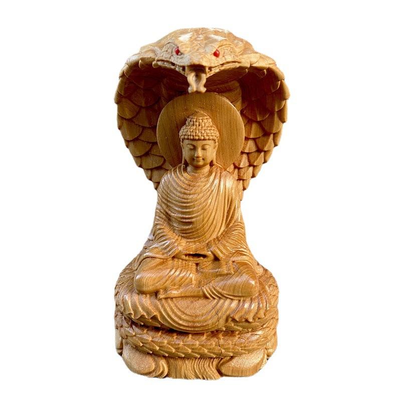 Snake Buddha Statue 4.72" Cliff Cypress Wood Carving Snake Protecting Buddha Figurine Living Room Ornaments Home Interior Decor