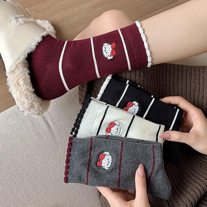 Socks Medium Tube Socks Season Cotton Embroidery Puppy Cute Cartoon Lace Bubble Mouth Striped Stacking Socks Women