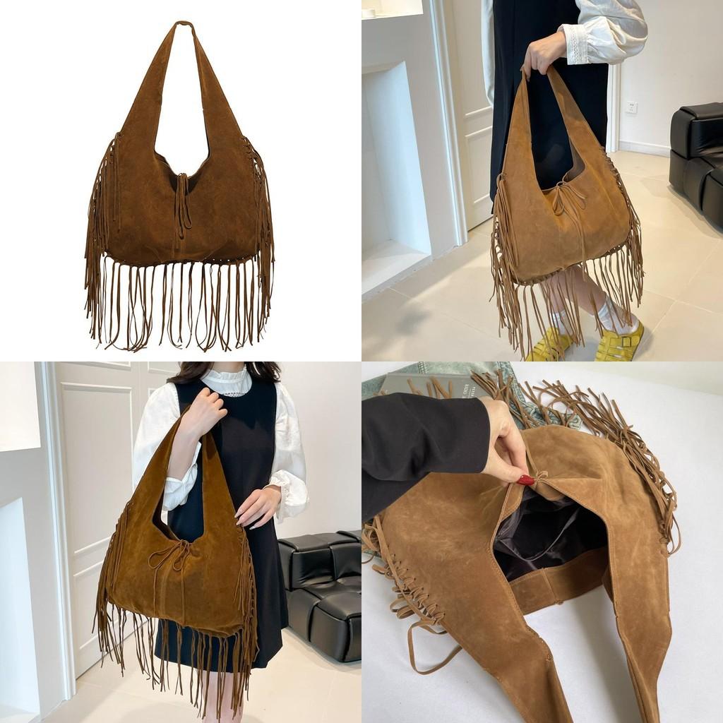 Borsa a Spalla Tote in Camoscio Vintage con Design a Frange e Colore Solido per Uso Quotidiano