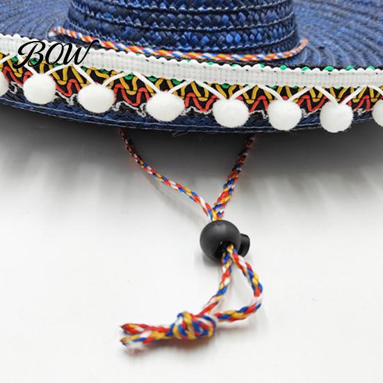 Theme Party Hat Mexican Sombrero with Colorful Poms, Hawaiian Style Woven Straw Sun Hat, Wide Brim Lightweight Costume for Summer Beach