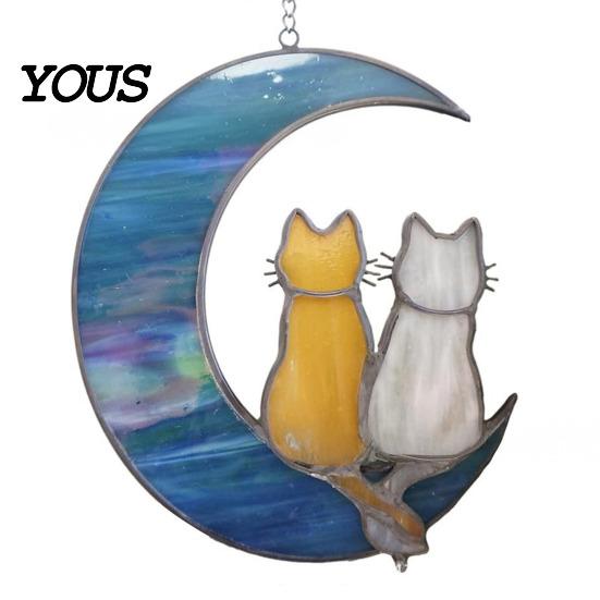 Decorative Hanging Ornament Acrylic Cat Pendant with Chain, Animal for Window Crescent Wall Decor, Cute Lover Gift Home Room Decoration Light