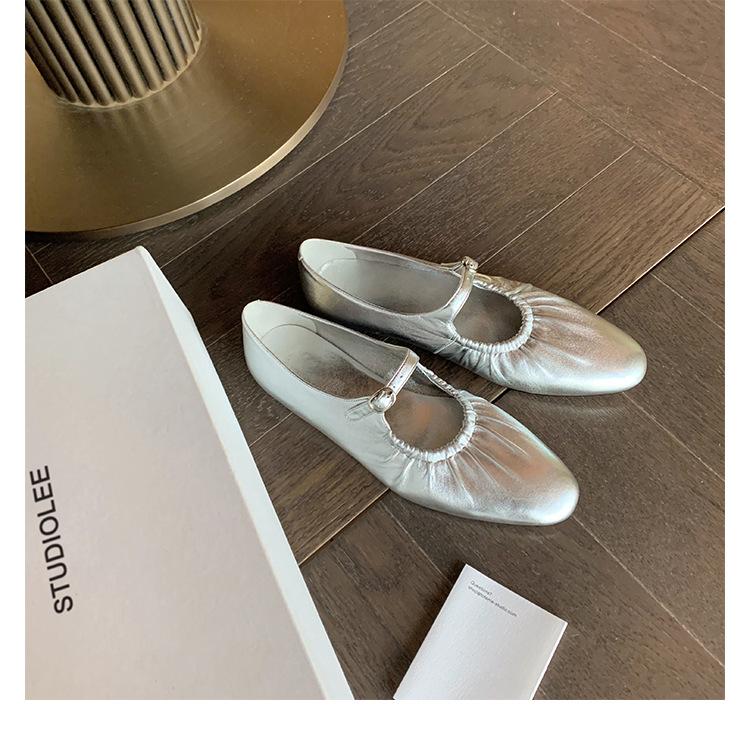 Cowhide Version~ Leather Pleated Flat-soled Retro Grandma Shoes Soft-soled Silver Mary Jane Shoes Women's Single Shoes Ballet Shoes