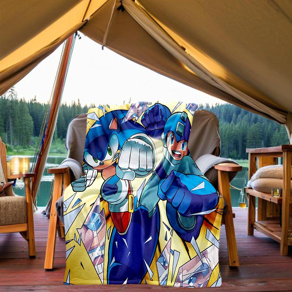 1pc Sonic Mega Man All-Season Comfort, Outdoor Flannel Blanket - Soft, Warm & Cozy for Naps, Camping & Travel 032