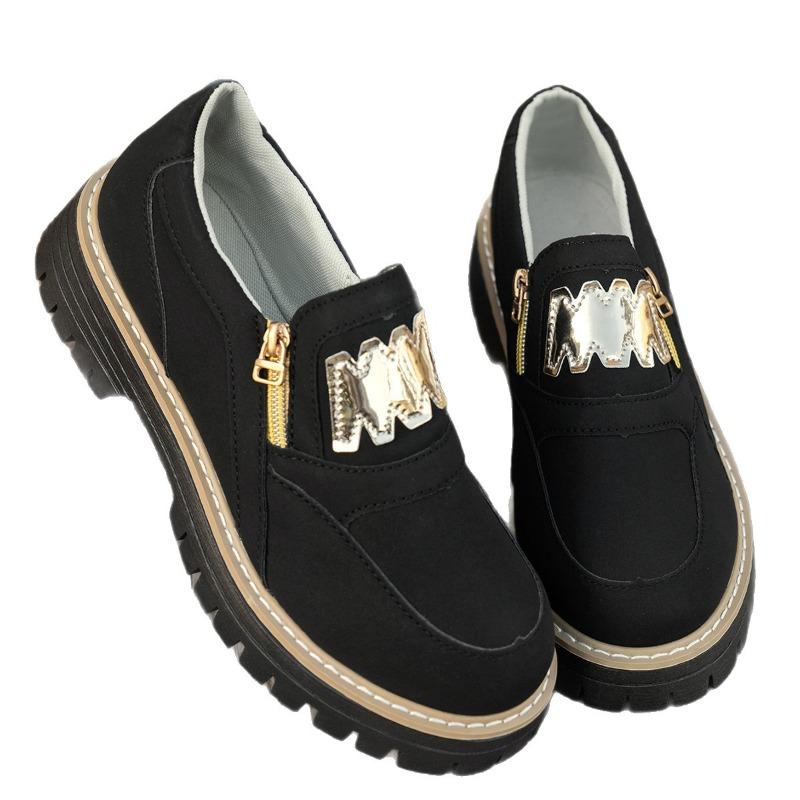 New Large-sized Sports Single Shoes with Zipper, Thick Heel and Round Toe Loafers for Women