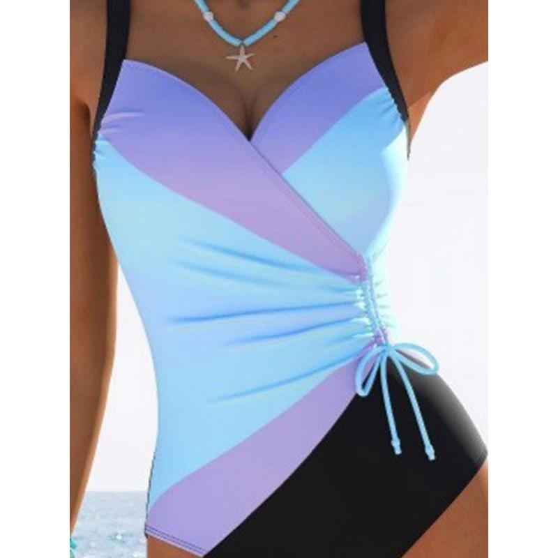 Costume da bagno intero a righe sfumate con scollo a V e coulisse Controllo pancia Taglio alto
