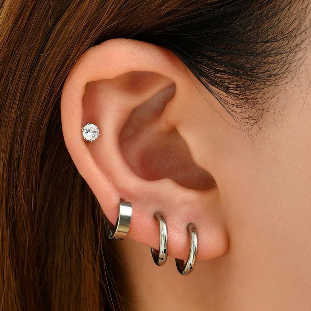 Silver Elegant Geometric Hoop Earrings Set Sparkling Design Rhinestone
