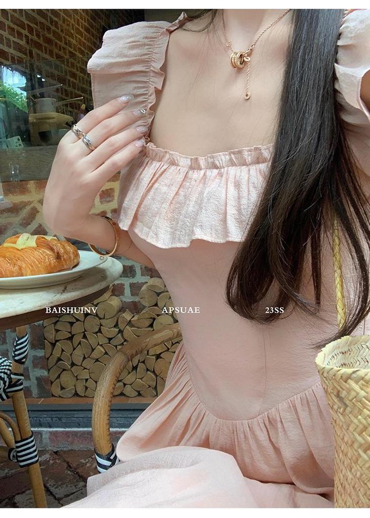 Women's Sweet Pink Ruffle Sleeve Square Neck Cinched Waist Long Dress - Summer 2026