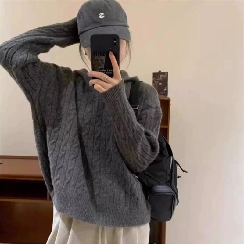 Herbst und Winter Retro Mode Freizeit Unifarben Zopf Pullover Kapuzenpullover Damen Locker Fauler Stil Weich Wachsig Einfach